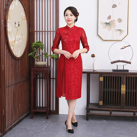 TZRY-B2057新款遮肚子改良蕾丝旗袍 宴会礼服喜庆婆婆旗袍奥黛裙子 商品图0