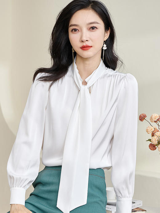 米思阳2024秋季新款简约气质白色缎面衬衫飘带领长袖宽松衬衣2675 商品图0