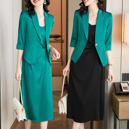 XZ-YIROU-88280+5070醋酸缎面西装外套女夏季薄款时尚气质女神范西装吊带裙两件套 商品图0