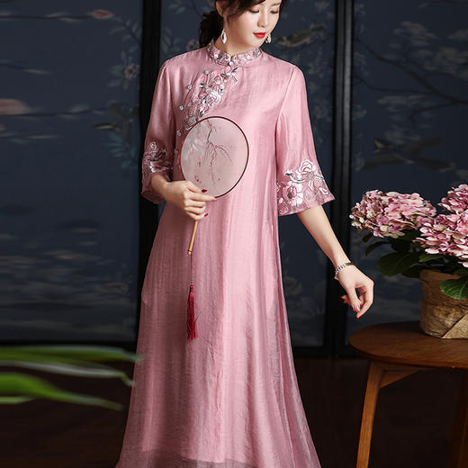 民族风天丝棉刺绣宽松禅意中长款连衣裙 KDS-1184 商品图2