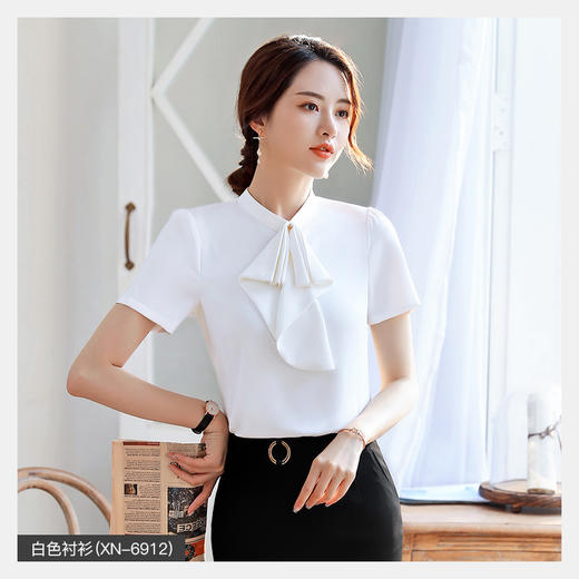 XZ-9612衬衫女时尚洋气新款夏季韩版收腰百搭荷叶边职业短袖衬衣 商品图5