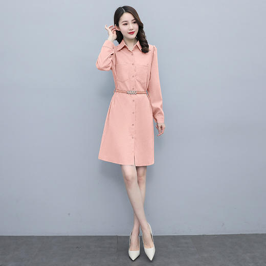 AHMyml8200  2022春秋季新款时尚气质优雅翻领衬衫纯色连衣裙收腰显瘦中长款女 商品图3
