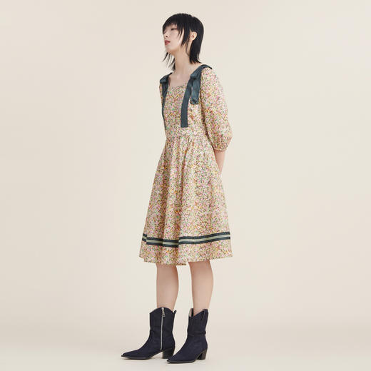 谜底小碎花纯棉连衣裙2022秋复古收腰显瘦灯笼袖中长裙223ML1182 商品图1