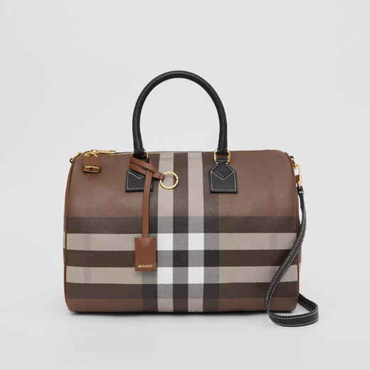 BURBERRY 巴宝莉 女士中号格纹皮革提挎保龄球包 深桦木棕色 8052348 A9011 商品图0