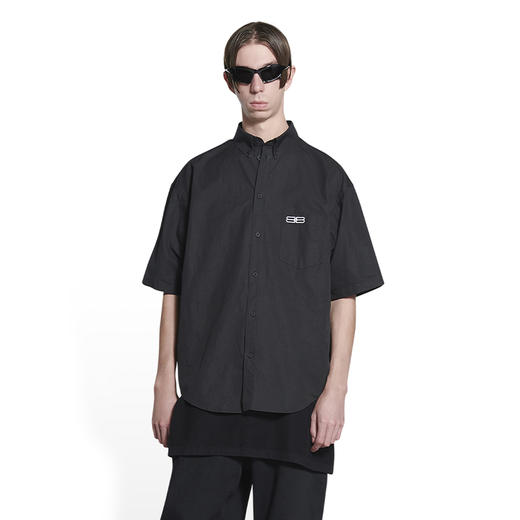BALENCIAGA 巴黎世家 男士棉质府绸大号 BB Icon徽标刺绣短袖衬衫 黑色 699057 TYB18 1000 商品图1
