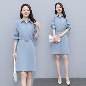 AHMyml8200  2022春秋季新款时尚气质优雅翻领衬衫纯色连衣裙收腰显瘦中长款女