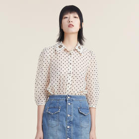 谜底天丝衬衫女2022秋新品文艺通勤植绒小花分袖上衣女223MC1166