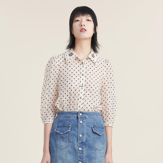 谜底天丝衬衫女2022秋新品文艺通勤植绒小花分袖上衣女223MC1166 商品图0