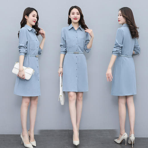 AHMyml8200  2022春秋季新款时尚气质优雅翻领衬衫纯色连衣裙收腰显瘦中长款女 商品图1