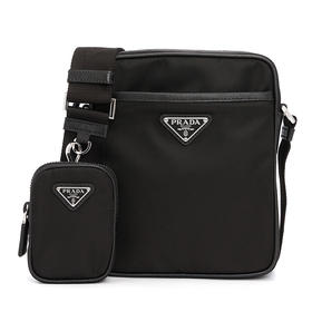 【二】PRADA 普拉达 男士 Re-Nylon 再生尼龙 Saffiano 十字纹皮革珐琅金属三角徽标子母单肩包 黑色 2VH112 2DMH F0002 XOP