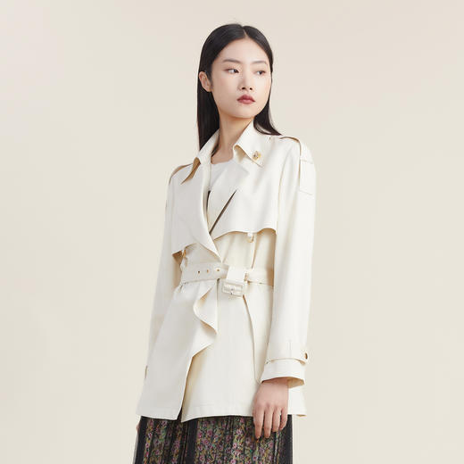 【天丝系列】谜底2022秋荷叶边中长款风衣外套女配胸针223ME1082 商品图1