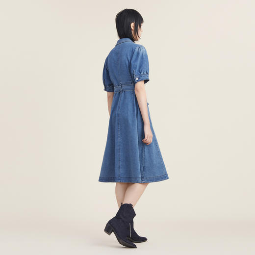 谜底2022秋新品收腰单排扣翻领短袖短袖牛仔连衣裙女223ML1020 商品图2