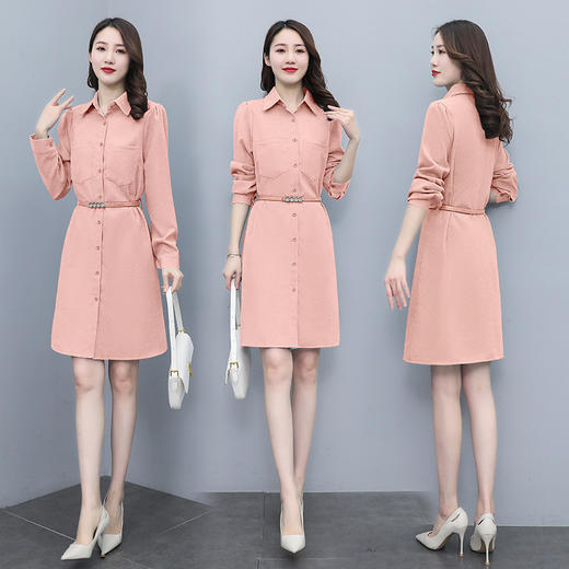AHMyml8200  2022春秋季新款时尚气质优雅翻领衬衫纯色连衣裙收腰显瘦中长款女 商品图4