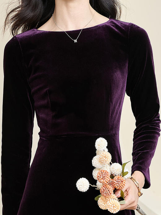 剩S 波尔多紫红丝绒裙 米思阳复古优雅天鹅绒大摆裙子高腰长袖连衣裙2760 商品图4