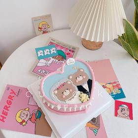 求婚/结婚/纪念日小熊手绘爱心形蛋糕-低糖处理无添加