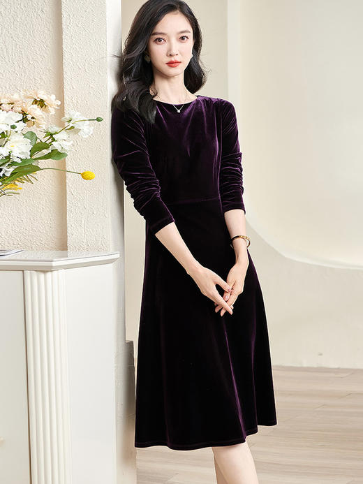 剩S 波尔多紫红丝绒裙 米思阳复古优雅天鹅绒大摆裙子高腰长袖连衣裙2760 商品图1