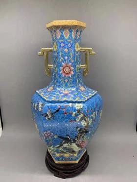 【蓝地扒花花鸟双耳瓶】