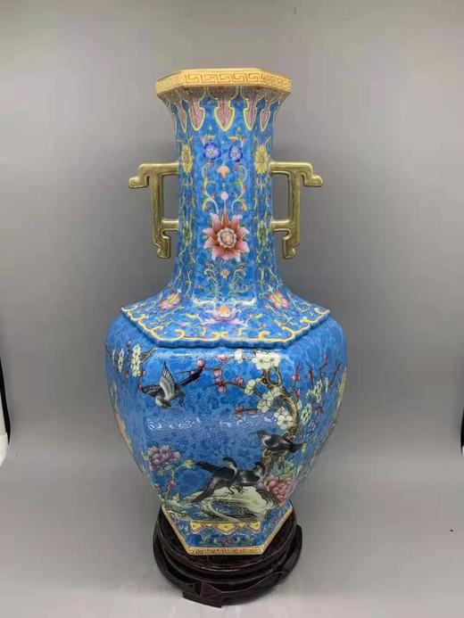 【蓝地扒花花鸟双耳瓶】 商品图0