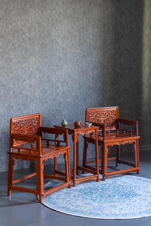 红桥红  家具严选  缅甸花梨（大果紫檀）【螭龙纹 玫瑰椅 三件套】 商品图1