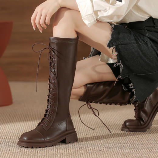 骑士靴高筒秋冬新款复古英伦风长靴粗跟厚底圆头百搭不过膝靴子女 商品图0