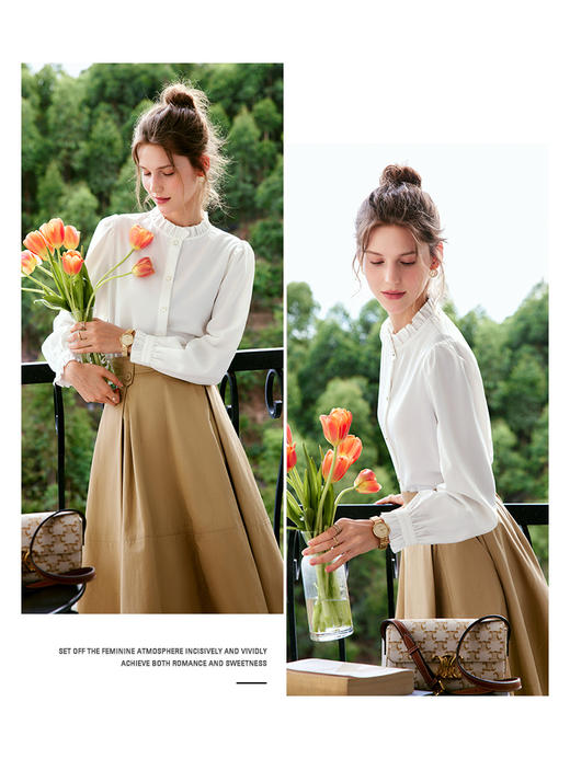 OLrain法式白色长袖衬衫女早秋2022年新款宽松气质立领泡泡袖衬衣 商品图1