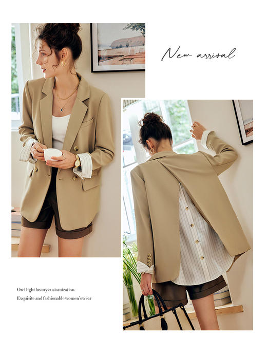 OLrain法式卡其色西装外套女早秋2022新款宽松简约开叉假两件上衣 商品图2