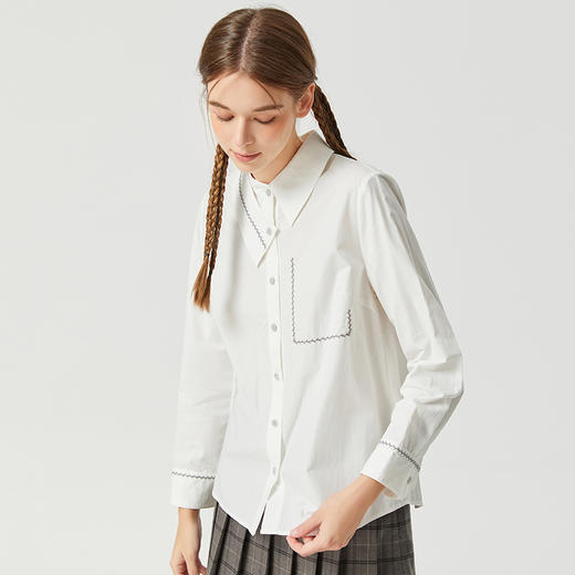 Famecoco范可儿小众原创不规则领衬衫女春秋白色纯棉长袖明线衬衣F225BH014 商品图1