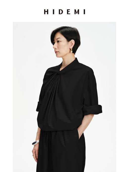 HIDEMI 设计感⽔洗棉褶皱套装 ⾁桂粉/⽩⾊/⿊⾊ 商品图9