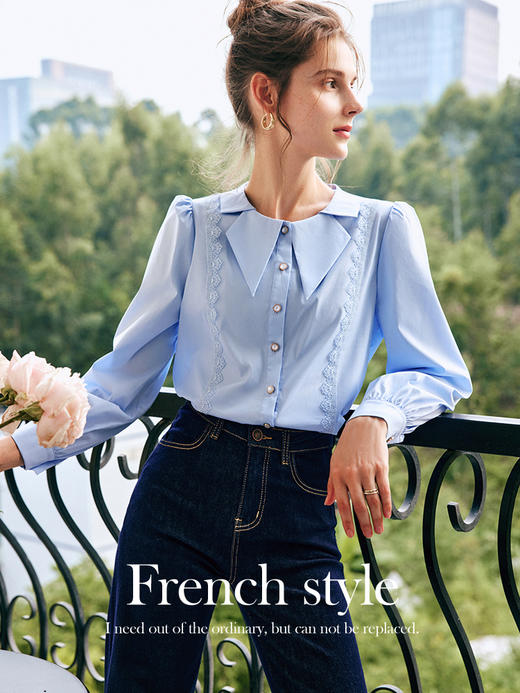 OLrain法式白色长袖衬衫女早秋2022年新款宽松蕾丝拼接设计感衬衣 商品图3