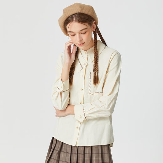 Famecoco范可儿小众原创不规则领衬衫女春秋白色纯棉长袖明线衬衣F225BH014 商品图3