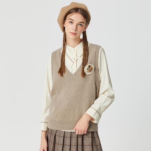 Famecoco范可儿羊毛针织马甲背心女春秋V领无袖叠穿毛衣坎肩纯色F225CA023 商品图0
