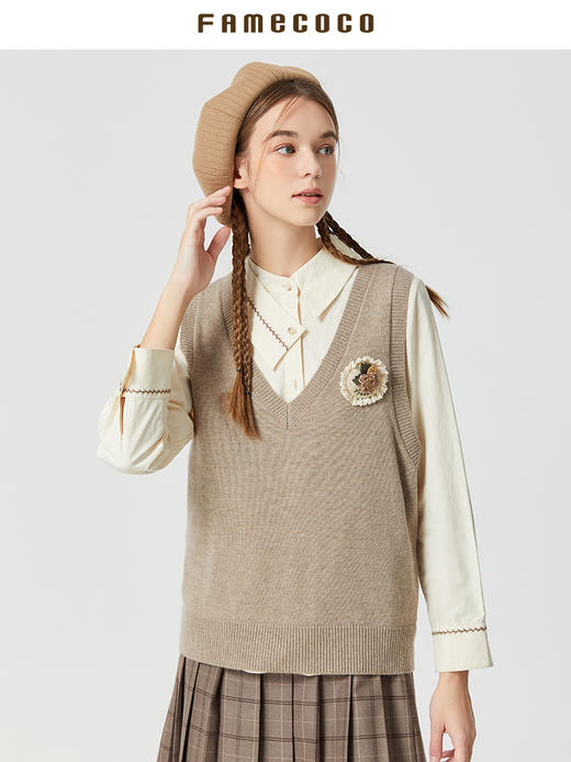 Famecoco范可儿羊毛针织马甲背心女春秋V领无袖叠穿毛衣坎肩纯色F225CA023 商品图1