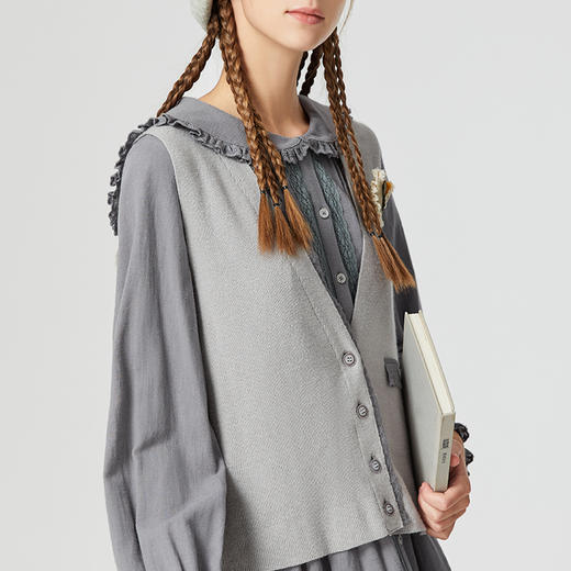 Famecoco范可儿公主领连衣裙马甲两件套春秋季品牌棉麻时尚套装女F225EA001 商品图4