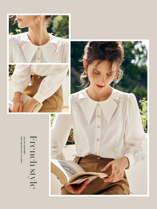 OLrain法式白色长袖衬衫女早秋2022年新款宽松蕾丝拼接设计感衬衣 商品图6