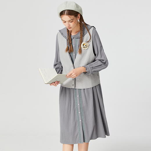 Famecoco范可儿公主领连衣裙马甲两件套春秋季品牌棉麻时尚套装女F225EA001 商品图1