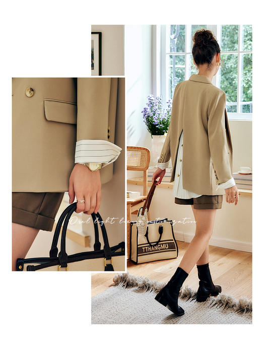 OLrain法式卡其色西装外套女早秋2022新款宽松简约开叉假两件上衣 商品图0