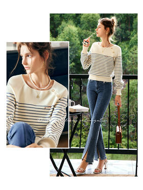 OLrain欧芮儿法式杏色条纹套头针织衫女早秋2022新款宽松复古上衣