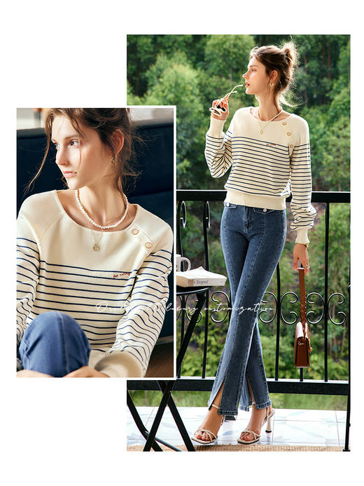 OLrain欧芮儿法式杏色条纹套头针织衫女早秋2022新款宽松复古上衣 商品图0