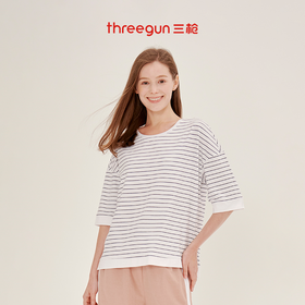 Threegun三枪 【爽滑密棉】彩条圆领女士中袖上衣打底衫-23496A911