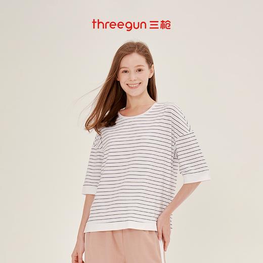 Threegun三枪 【爽滑密棉】彩条圆领女士中袖上衣打底衫-23496A911 商品图0