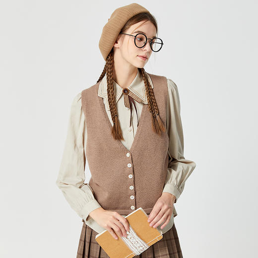 Famecoco范可儿天丝棉衬衫针织马甲两件套女学院风春秋季上衣套装F225EC003 商品图2