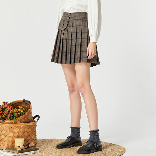 Famecoco范可儿咖色高腰jk短裙女格子a字春秋不对称百褶裙小个子F225HA017 商品图3