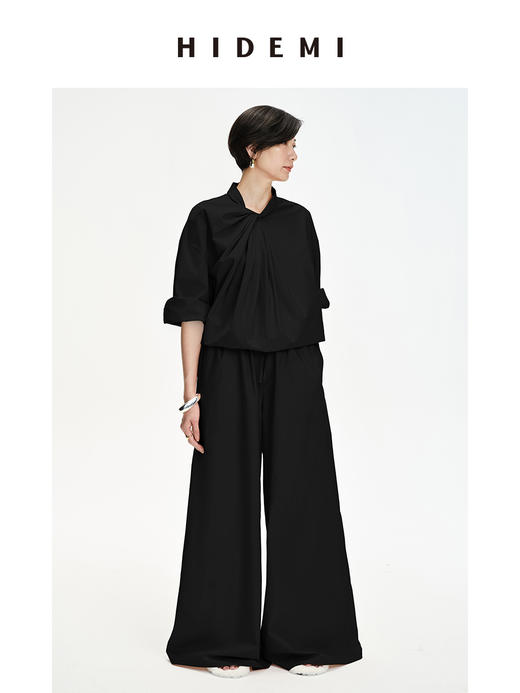 HIDEMI 设计感⽔洗棉褶皱套装 ⾁桂粉/⽩⾊/⿊⾊ 商品图10