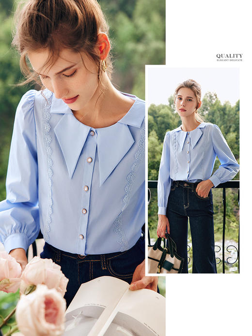 OLrain法式白色长袖衬衫女早秋2022年新款宽松蕾丝拼接设计感衬衣 商品图4