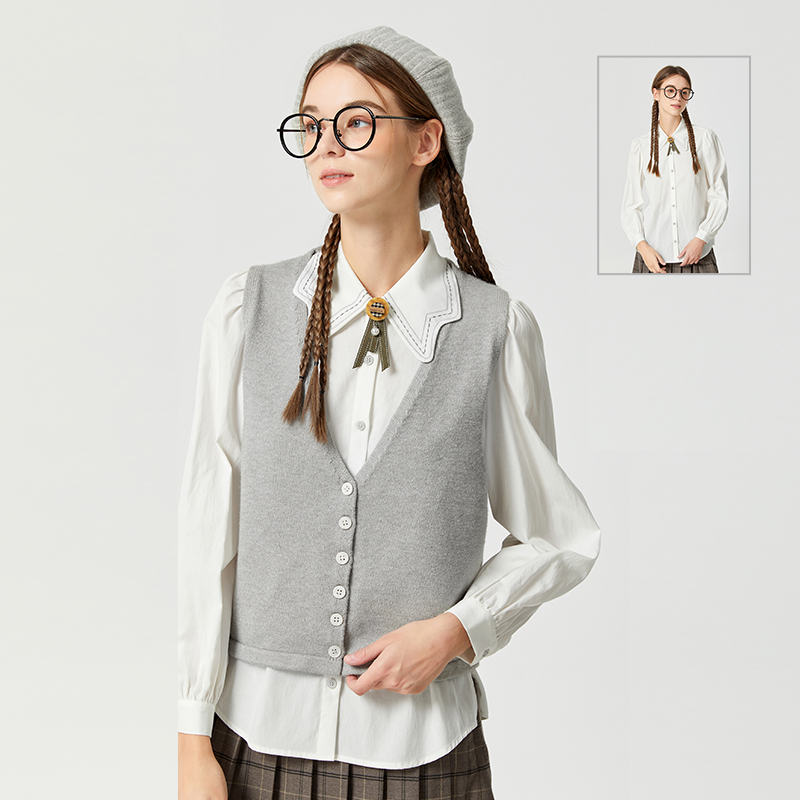 Famecoco范可儿天丝棉衬衫针织马甲两件套女学院风春秋季上衣套装F225EC003