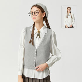 Famecoco范可儿天丝棉衬衫针织马甲两件套女学院风春秋季上衣套装F225EC003