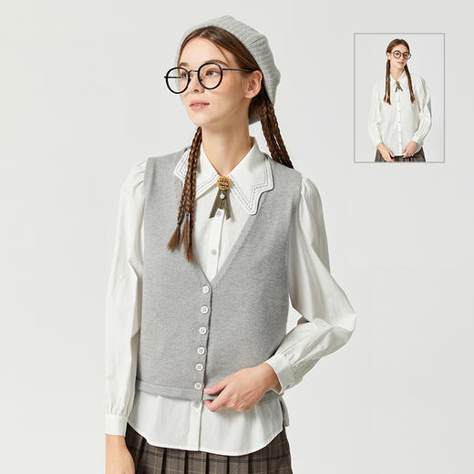 Famecoco范可儿天丝棉衬衫针织马甲两件套女学院风春秋季上衣套装F225EC003 商品图0