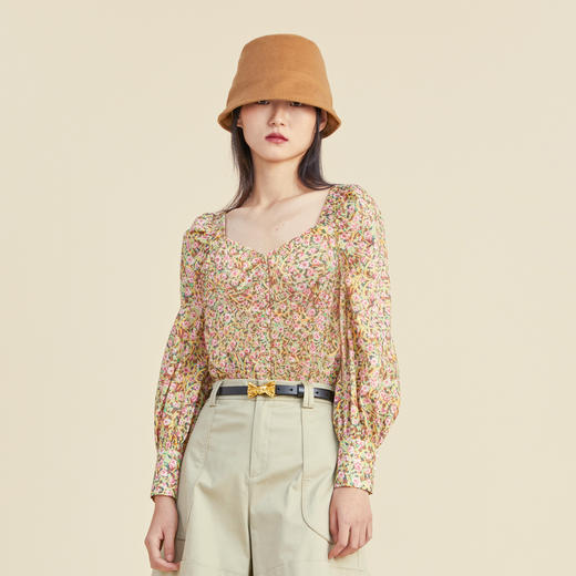 谜底纯棉长袖衬衫女2022秋V领小碎花收腰显瘦灯笼袖上衣223MS1184 商品图1