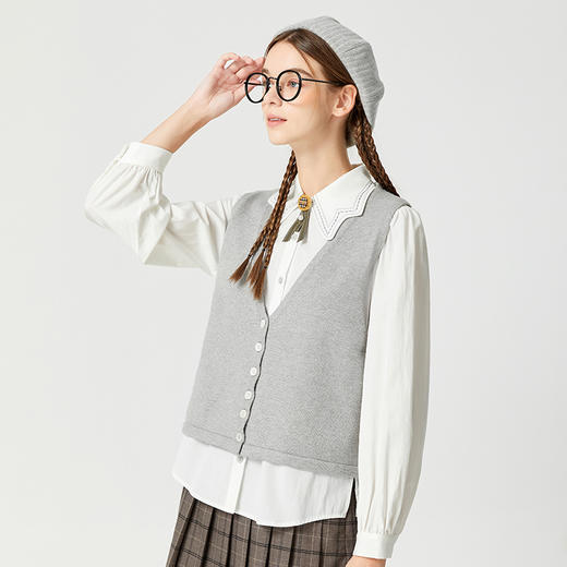 Famecoco范可儿天丝棉衬衫针织马甲两件套女学院风春秋季上衣套装F225EC003 商品图1