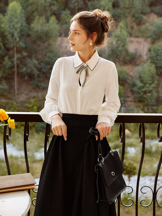 OLrain法式白色衬衫女早秋2022年新款宽松学院风蝴蝶结设计感衬衣 商品图3